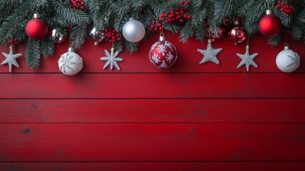 Naklejka premium Christmas Decoration on Wooden Background with Bright Monocolor Creative Design