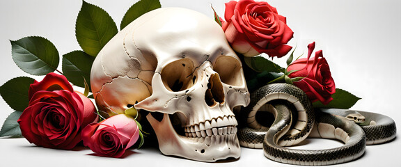 Serpent's Rest: Realistic Skull with Snake Surrounded by Roses