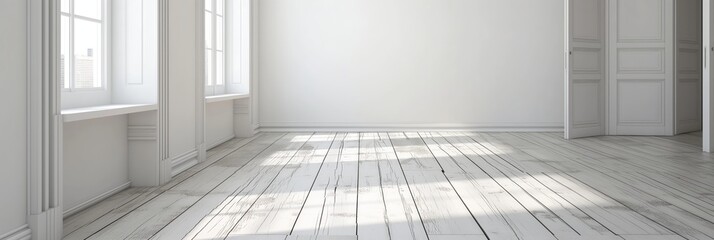 Fototapeta premium A bright, empty room featuring white wooden flooring and walls with large windows allowing natural light to flood the space.