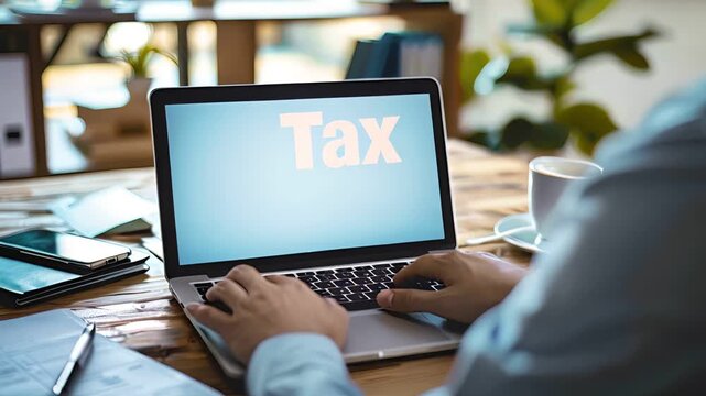 A person working on a laptop, the screen displaying the word "Tax" in a futuristic style.  The image represents online tax filing and financial management.