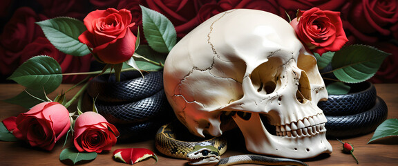Gothic Elegance: Realistic Skull with Snake Roses