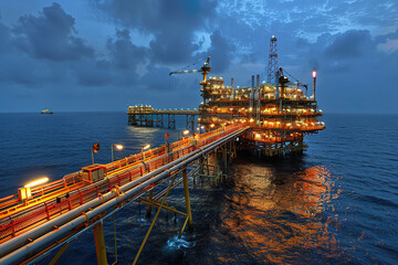 oil rig illuminated at twilight, future price stability concept