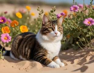 Adorable Cat Sitting in between the Flowers