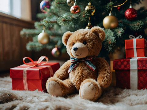 A teddy bear sitting under a pine tree, surrounded by blurry, colorful Christmas presents.