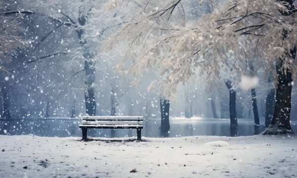 snowy winter day in park with falling snowflakes
