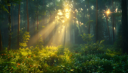 Obraz premium The sun shines through the trees in forest 