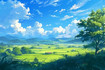 Naklejka premium Beautiful Anime style landscape with green fields, blue sky, white clouds and trees