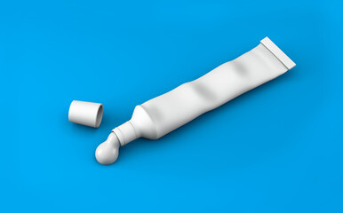3D rendering, Empty of used toothpaste packaging mock up, opened cap and squeezed from tube, isolated blue color background.