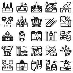 Various location icons Thin line icons set 1/2. Outline symbol collection. 64 and 256 Pixel Perfect editable vector strokes, scalable up to 128px.

