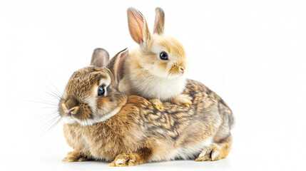 Fototapeta premium Rabbit and chicken on white background, cute brwon rabbit and cute little chick on rabbit ,two animal friends rabbiat and chiken isloated on white background