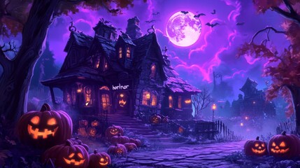 A spooky haunted house with pumpkins and moonlight, in a cartoon style
