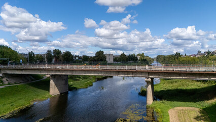 Fototapeta premium Kedainiai Bridge over the Nevezis River – partially collapsed with one beam down, one lane in use, major reconstruction planned Aug 13 2014
