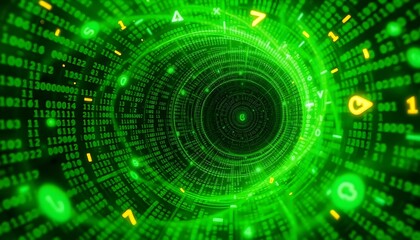 Obraz premium A futuristic matrix background showcasing a swirling vortex of green code, with glowing symbols and numbers that appear to pulse, evoking a sense of movement and energy create with ai