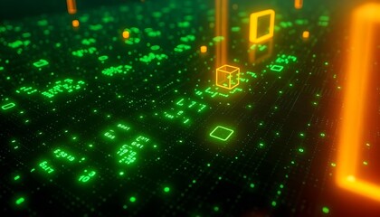  matrix background with clusters of bright green numbers scattered across a dark expanse, interspersed with glowing geometric shapes, providing a high-tech ambience create with ai