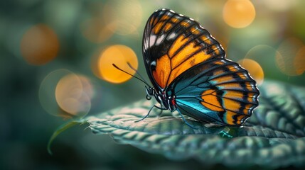 Macro Shot of Butterfly Resting on Leaf Highlighting Vibrant Patterns