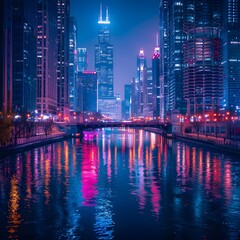 Obraz premium Vibrant city skyline at night with colorful lights reflecting on river