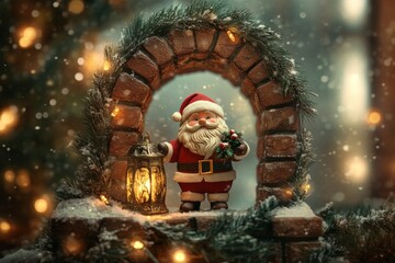 Fototapeta premium Old Brick Arch with Golden Calligraphy Featuring Chubby Santa Claus, Fir Branch, and Christmas Lantern