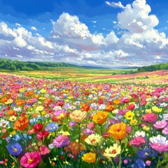 Spring Blossom Wonderland: An Infinite Canvas of Vibrant Colors in a Field of Flowers, Anime-Style, storybook illustrations, comic strips, book illustrations and picture books,Abstract concepts, game