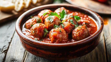 Spanish albondigas meatballs in a rich tomato sauce in a rustic bowl.