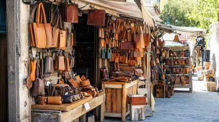 A picturesque European market stall with a vendor offering handcrafted leather goods and