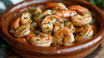 Spanish gambas al ajillo shrimp in garlic sauce in a rustic bowl.