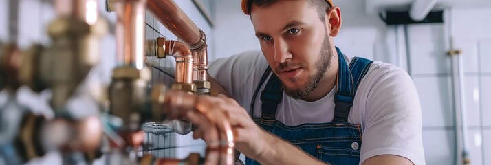 A focused plumber in overalls works on a piping system, demonstrating his technical skills and commitment to solving plumbing issues effectively.