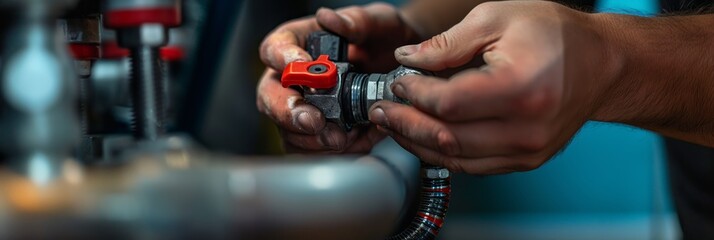 Hands are shown working with a valve on a plumbing system, indicating careful and precise handling required for proper maintenance.