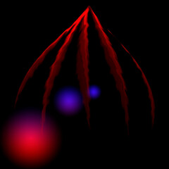 fantasy graphic. square black background. Conceptual science fiction landscape. Red and purple planets. red finger like structure hanging in outer space. 3d illusion of distance depth and dimension.