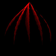 fantasy graphic. square black background. Conceptual science fiction landscape. red finger like structure hanging in outer space.  3d illusion of distance depth and dimension.