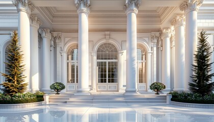 Fototapeta premium Elegant Isolated Building with Symmetrical Design, Classical White Columns, Grand Entrance, Copy Space