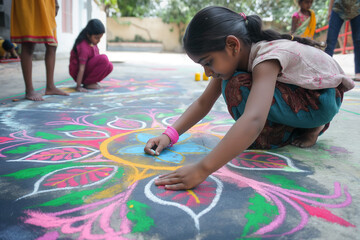 Indian Girls Creating Vibrant Rangoli Art: Celebrating Cultural Tradition Outdoors