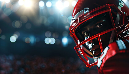 Fototapeta premium Focused American Football Player in Red Helmet and Uniform Under Stadium Lights, Banner with Copy Space