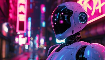Futuristic Autonomous Robot Gazing at Urban Nightlife in Neon-Lit City