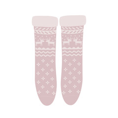 Fairy woolen knitted socks with deer and snow ornament, cozy Xmas and Winter symbol. Christmas stockings, vector illustration.