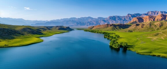 Fototapeta premium Flying In A Helicopter Over The Stunning Blue Waters Of Lake Mead In Arizona, A Thrilling Experience