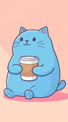 Cute chubby blue cat illustration holding a warm cup of coffee, set against a soft pastel background, perfect for playful and cozy design themes