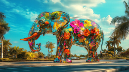 Fototapeta premium A large glass elephant with floral patterns inside stands on the street under a bright blue sky, surrounded by palm trees
