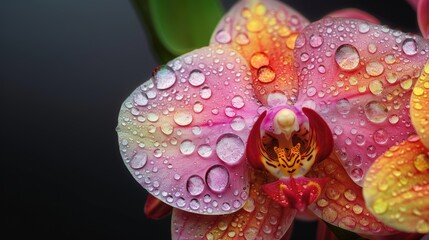 Close-up of Pink and Yellow Orchid with Water Droplets