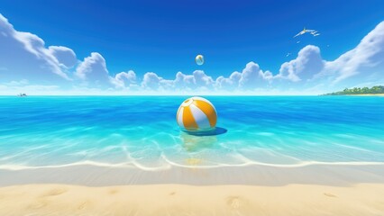 Obraz premium A vibrant beach ball sits on a sandy shore, with lush green islands and palm trees in the background, under a sunny, cloud-dotted sky by the crystal-clear blue ocean