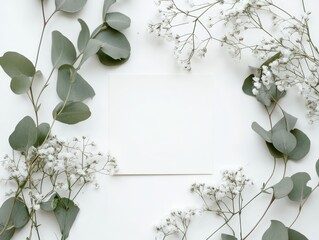 Elegant baby s breath and eucalyptus with blank greeting card on white background