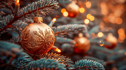 Decorated Christmas golden ball on fir branch with glowing lights festive atmosphere.
