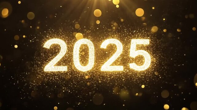 Sparkling gold Happy New Year 2025 on black background with shiny gold bokeh and glitter. Festive dark background video Happy New Year 2025.