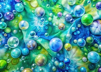 Vibrant assorted bubbles in varying sizes and shapes scattered across a unique tie-dye blue, green, and grey cotton fabric with a soft, textured appearance.