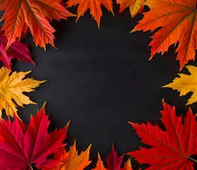 red and yellow autumn leaves frame, dark background with room for text, copy space