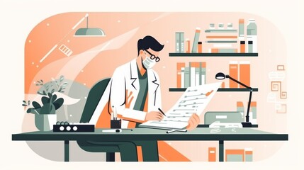 A man in a white lab coat is writing on a piece of paper