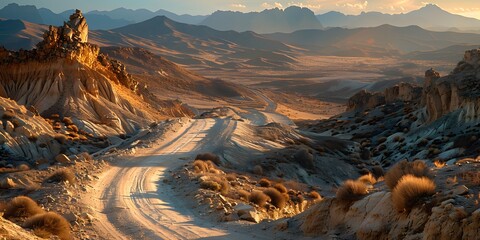 Desert road winds through a rocky embrace.