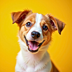 Close-up of a cheerful dog with a yellow background, and generated by AI.