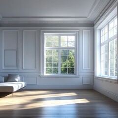 Fototapeta premium A bright and airy room with a large window and wood floors. The room is decorated with a white couch and two grey pillows. Sunlight streams in through the window, casting shadows on the floor.