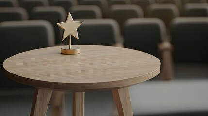 Golden star trophy displayed on a rustic redwood table in front of a cinema hall, celebrating award-winning moments