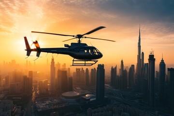 Sunset flight  black helicopter soaring over urban skyline with tall skyscrapers in downtown city